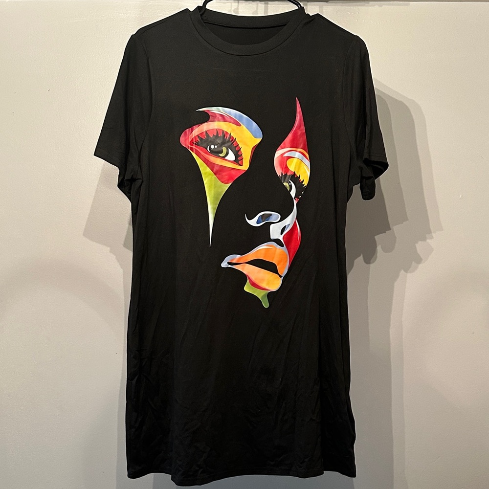 Black T-Shirt with Colorful Face Design
